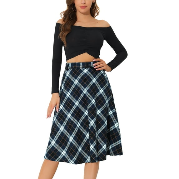 INSPIRE CHIC Women's Plaid Skirts Belted High Waist A-Line Mid-Length Skirts XS Blue White