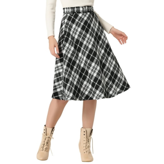 INSPIRE CHIC Women's Plaid Skirts Belted High Waist A-Line Mid-Length Skirts XS Jet Black Plaid