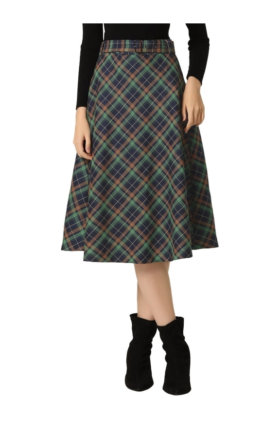 Women's Plaid Skirts Belted High Waist A-Line Mid-Length Skirts M Blue Green