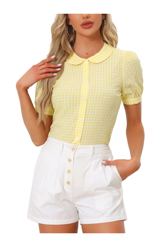 Women's Plaid Shirt Peter Pan Collar Puff Short Sleeve Gingham Button Down Blouse M Yellow