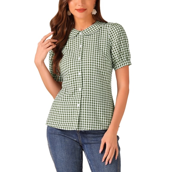 INSPIRE CHIC Women's Plaid Shirt Peter Pan Collar Puff Short Sleeve Gingham Button Down Blouse S Green