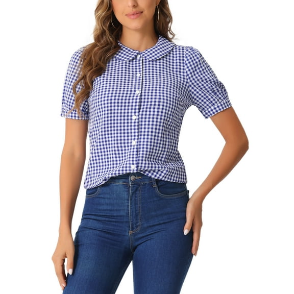 INSPIRE CHIC Women's Plaid Shirt Peter Pan Collar Puff Short Sleeve Gingham Button Down Blouse M Blue