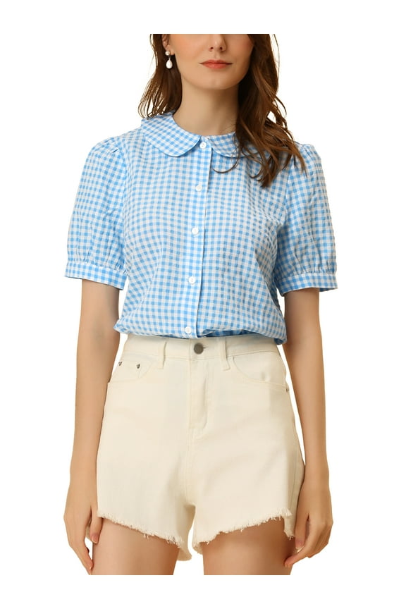 Women's Plaid Shirt Peter Pan Collar Puff Short Sleeve Gingham Button Down Blouse L Light Blue