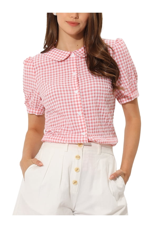 Women's Plaid Shirt Peter Pan Collar Puff Short Sleeve Gingham Button Down Blouse L Pink