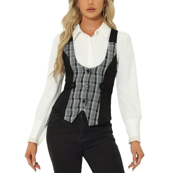 INSPIRE CHIC Women's Plaid Button Down Sleeveless Faux Suede Panel Vintage Waistcoat Vest M Black