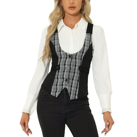 INSPIRE CHIC Women's Plaid Button Down Sleeveless Faux Suede Panel Vintage Waistcoat Vest XL Black
