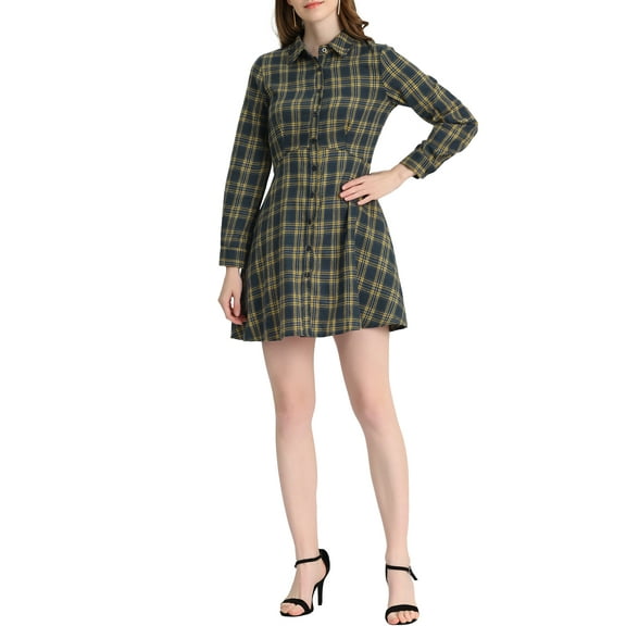 INSPIRE CHIC Women's Plaid Button up Point Collar Long Sleeve A-Line Dress