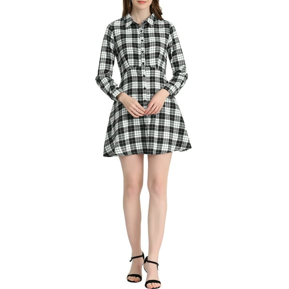 INSPIRE CHIC Women's Plaid Button up Point Collar Long Sleeve A-Line Dress M White