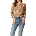 thumbnail image 1 of INSPIRE CHIC Women's Plaid Button up Split Neck Long Sleeves Loose Blouse Apricot XS, 1 of 5