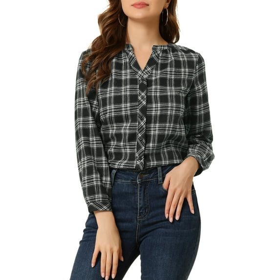 INSPIRE CHIC Women's Plaid Button up Split Neck Long Sleeves Loose Blouse XS Black