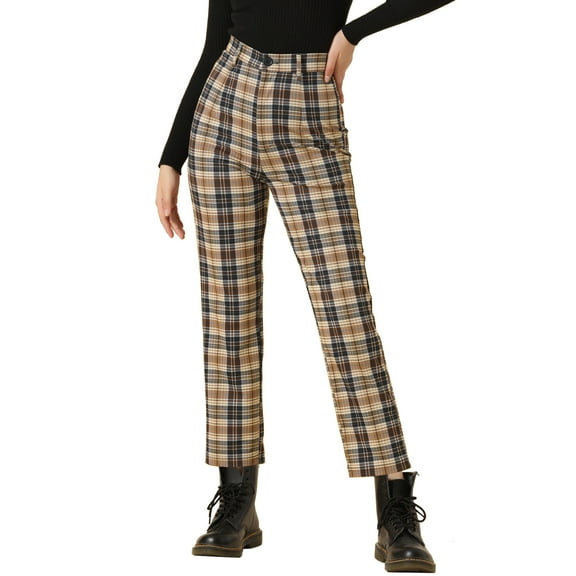 INSPIRE CHIC Women's Plaid Cropped Trousers Button Casual Tartan Check Work Pants L Dark Brown