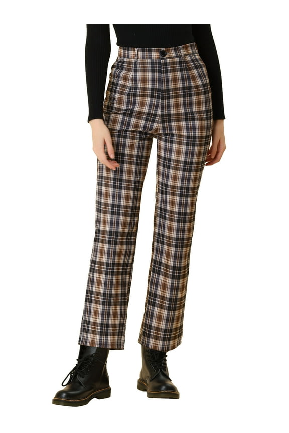 Women's Plaid Cropped Trousers Button Casual Tartan Check Work Pants M Brown