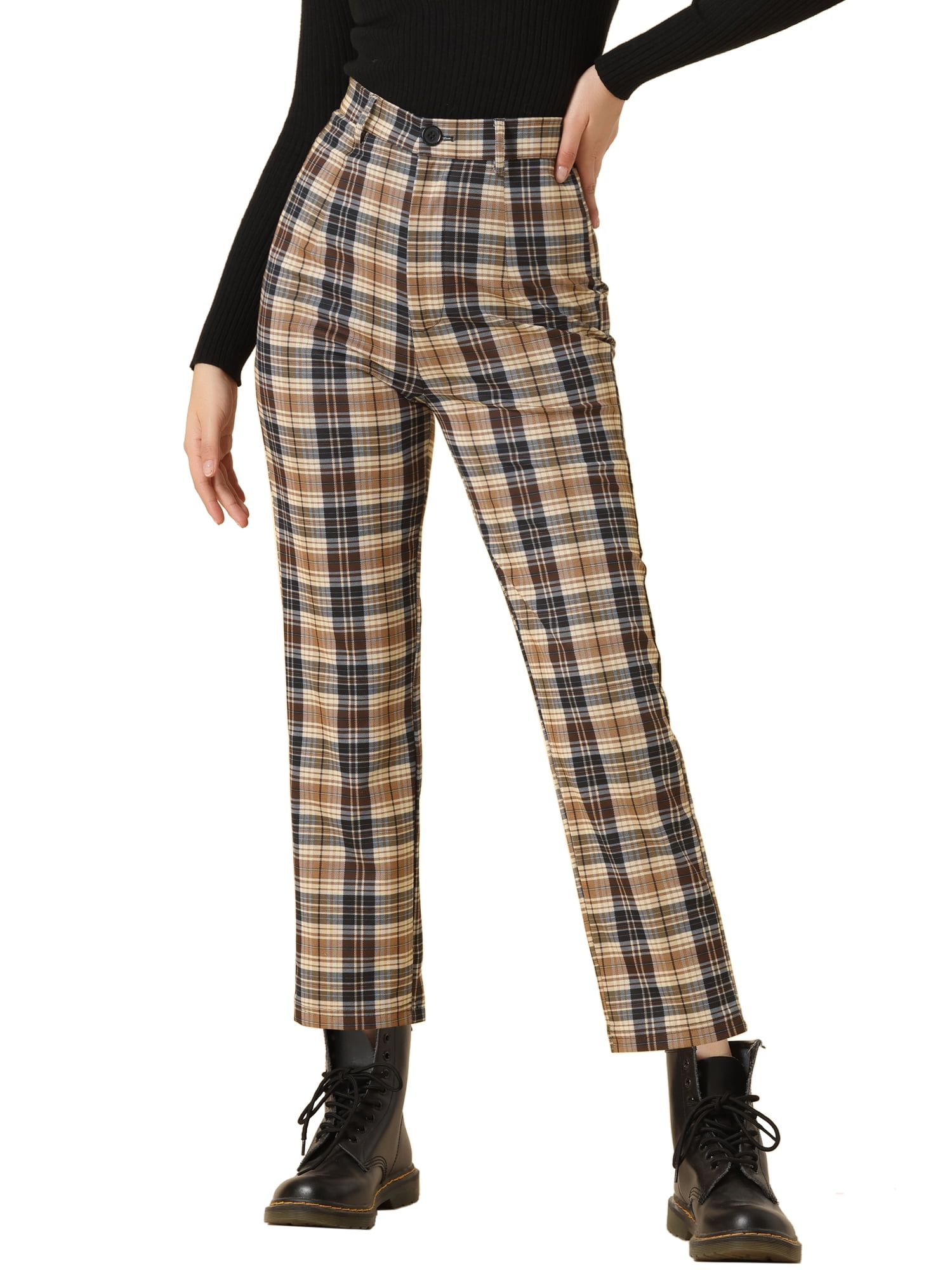 INSPIRE CHIC Women's Plaid Cropped Trousers Button Casual Tartan