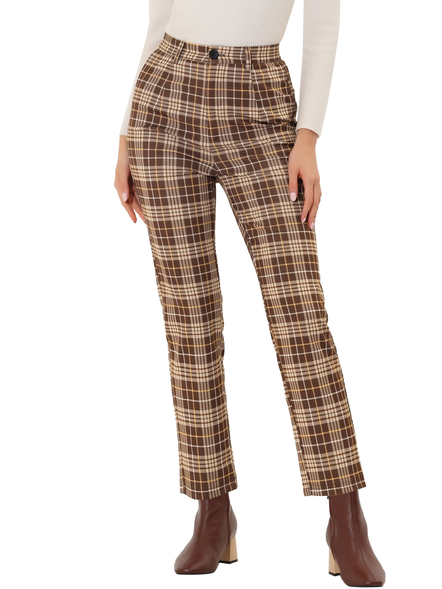 INSPIRE CHIC Women's Plaid Cropped Trousers Button Casual Tartan