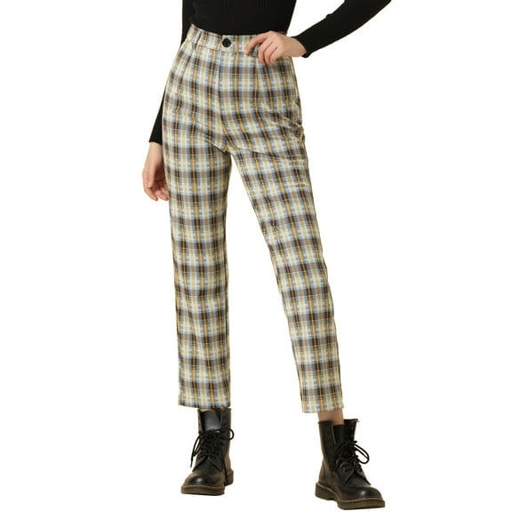 INSPIRE CHIC Women's Plaid Cropped Trousers Button Casual Tartan Check Work Pants XL Blue Brown