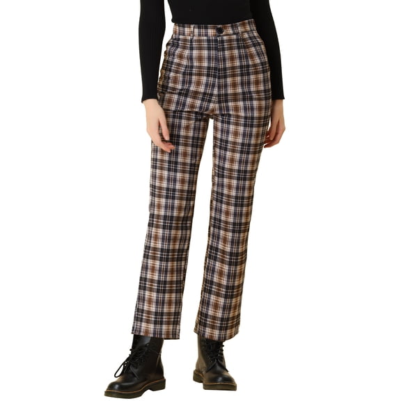 INSPIRE CHIC Women's Plaid Cropped Trousers Button Casual Tartan Check Work Pants XL Brown