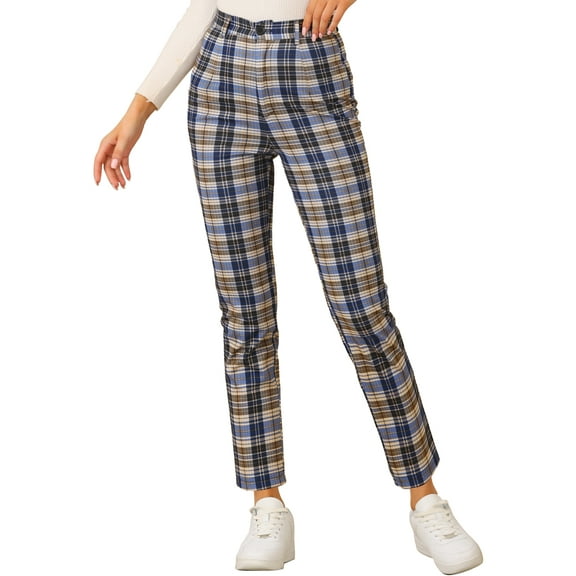 INSPIRE CHIC Women's Plaid Cropped Trousers Button Casual Tartan Check Work Pants XS Blue