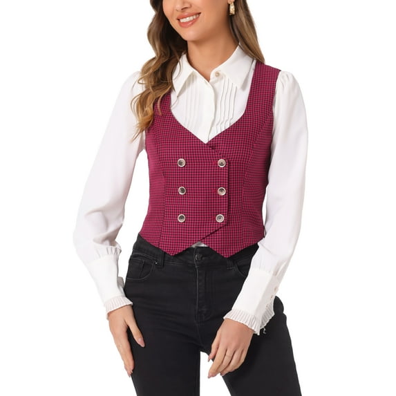 INSPIRE CHIC Women's Steampunk Vest Suit Racerback Vintage Plaid Waistcoat XL Red
