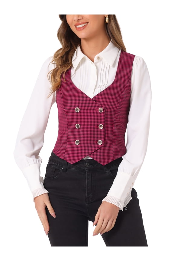 Women's Plaid Double Breasted Cinched Waist Racerback Suit Vest XL Red