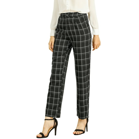 INSPIRE CHIC Women's Plaid Elastic Waist Button Zipper Straight Leg Long Pants 3XL Black