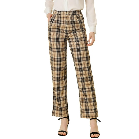 INSPIRE CHIC Women's Plaid Elastic Waist Button Zipper Straight Leg Long Pants L Black Khaki