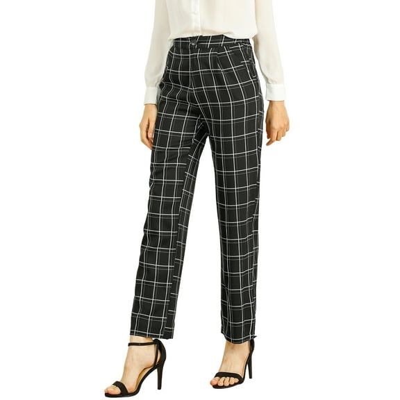 INSPIRE CHIC Women's Plaid Elastic Waist Button Zipper Straight Leg Long Pants L Black
