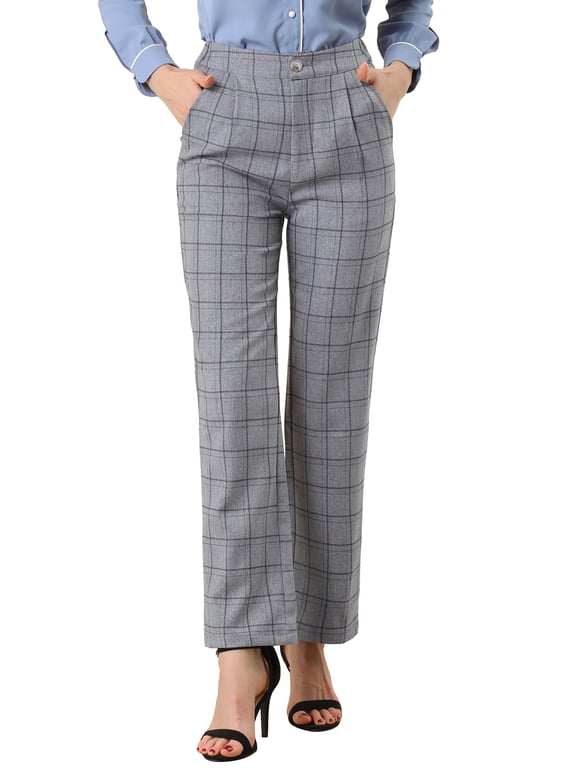 Women's Plaid Elastic Waist Button Zipper Straight Leg Long Pants L Dark Gray