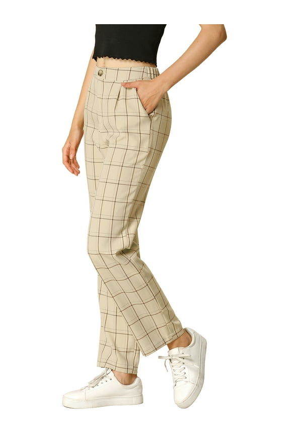 Women's Plaid Elastic Waist Button Zipper Straight Leg Long Pants L Khaki