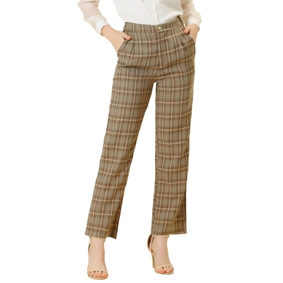 INSPIRE CHIC Women's Plaid Elastic Waist Button Zipper Straight Leg Long Pants L Light Brown Beige