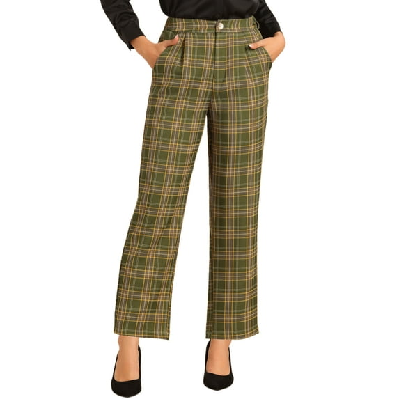 INSPIRE CHIC Women's Plaid Elastic Waist Button Zipper Straight Leg Long Pants M Dark Green