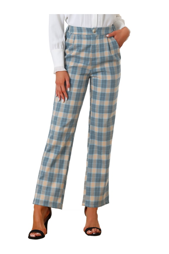 Women's Plaid Elastic Waist Button Zipper Straight Leg Long Pants M Khaki Gray Blue