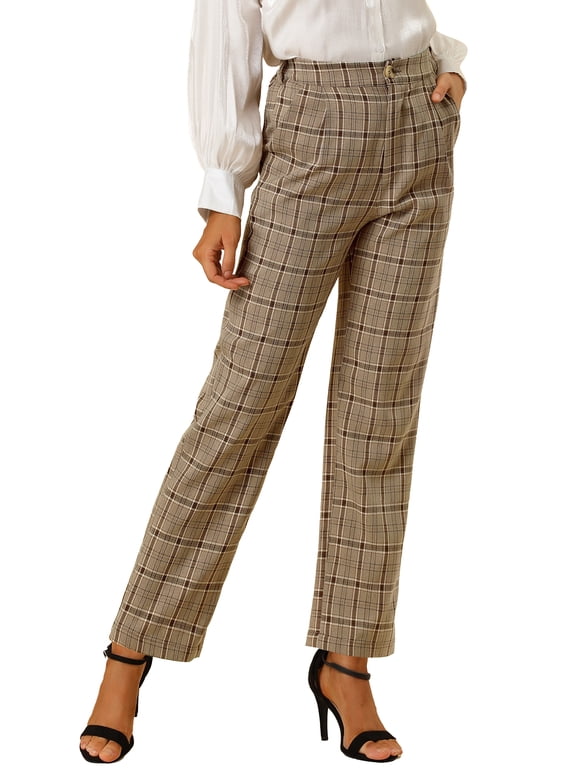 Women's Plaid Elastic Waist Button Zipper Straight Leg Long Pants M Light Brown
