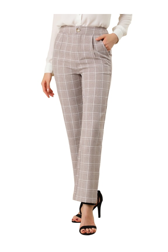 Women's Plaid Elastic Waist Button Zipper Straight Leg Long Pants S Camel