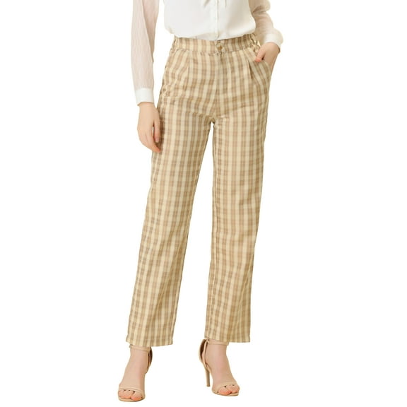 INSPIRE CHIC Women's Plaid Elastic Waist Button Zipper Straight Leg Long Pants S Light Khaki Beige