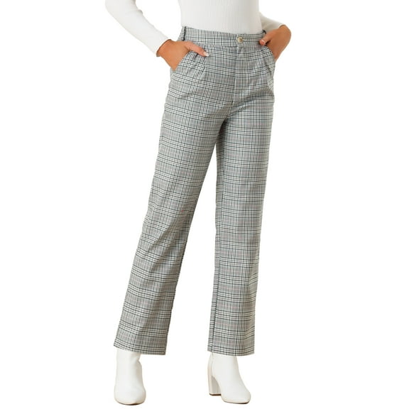 INSPIRE CHIC Women's Plaid Elastic Waist Button Zipper Straight Leg Long Pants XL Black Gray