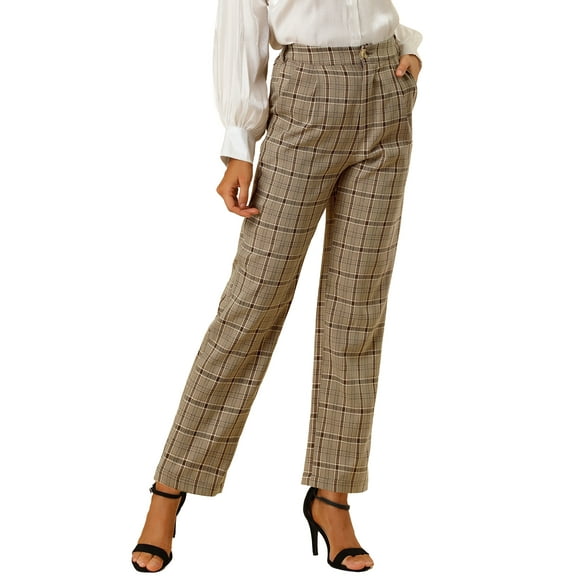 INSPIRE CHIC Women's Plaid Elastic Waist Button Zipper Straight Leg Long Pants XS Light Brown