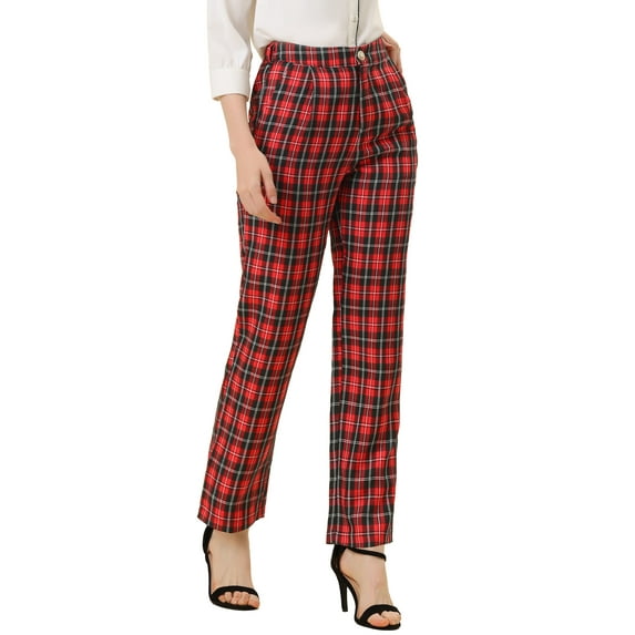 INSPIRE CHIC Women's Plaid Elastic Waist Button Zipper Straight Leg Long Pants XS Red Black