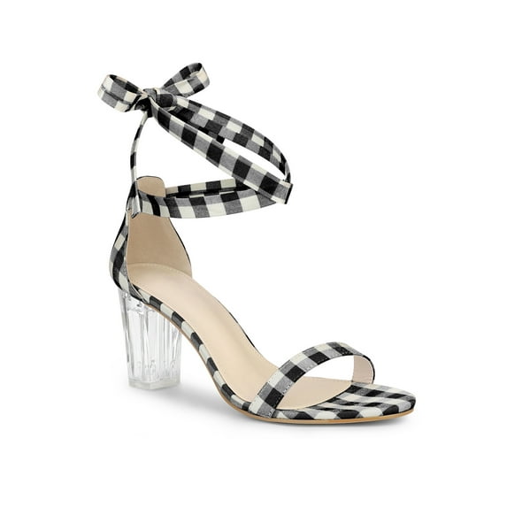 BLISSFUL STEP Women's Plaid Lace Up Clear Chunky Heel Sandals