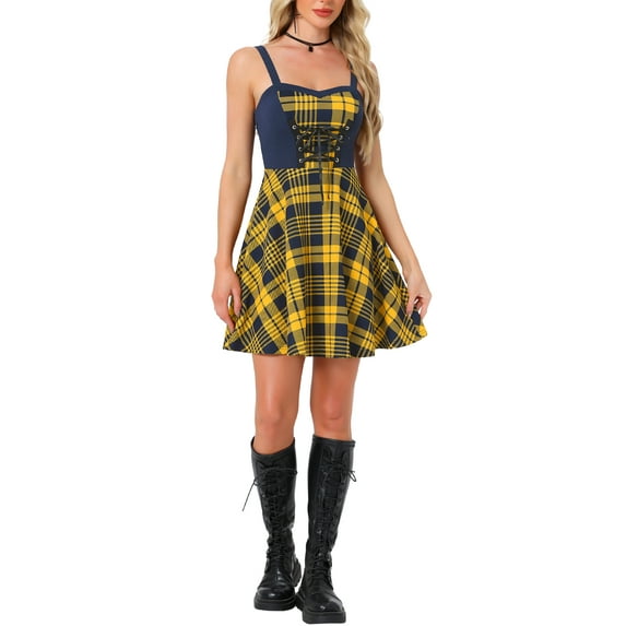 INSPIRE CHIC Women's Dress Plaid Sweetheart Neck Sleeveless Lace Up Mini Fit & Flare Dresses XL Blue Yellow