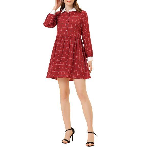 INSPIRE CHIC Women's Plaid Long Sleeve Button Up Point Collar Shirt Dress S Red