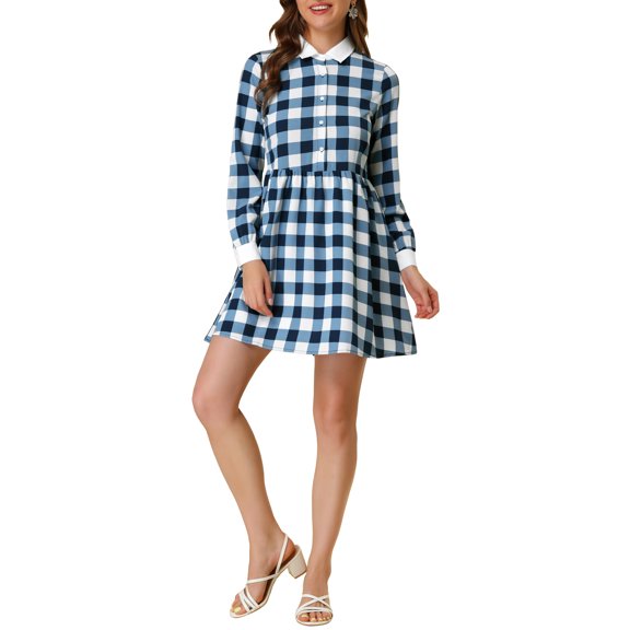 INSPIRE CHIC Women's Plaid Long Sleeve Button Up Point Collar Shirt Dress S Blue White