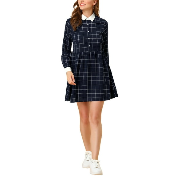 INSPIRE CHIC Women's Plaid Long Sleeve Button Up Point Collar Shirt Dress XS Dark Blue