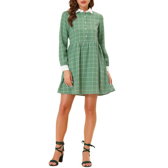 INSPIRE CHIC Women's Plaid Long Sleeve Button Up Point Collar Shirt Dress M Green