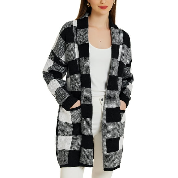 INSPIRE CHIC Women's Plaid Long Sleeve Pockets Open Front Casual Winter Sweater Cardigan