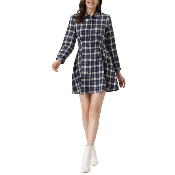 INSPIRE CHIC Women's Plaid Long Sleeves A-Line Button Up Casual Shirt Dress XL Dark Blue
