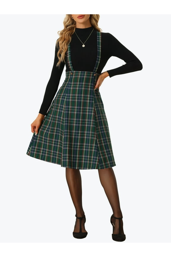 Overall Plaid Dress for Women's Christmas Tartan Pinafore Suspender Skirt M Green