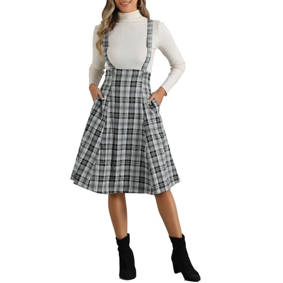 INSPIRE CHIC Overall Plaid Dress for Women's Christmas Tartan Pinafore Suspender Skirt XL Black