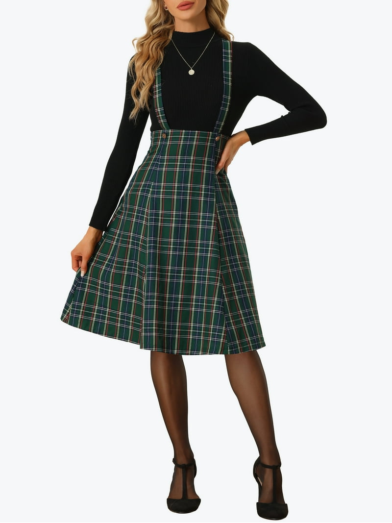 green tartan pinafore dress INSPIRE CHIC Overall Plaid for Women's Christmas Suspender Skirt XL 5067