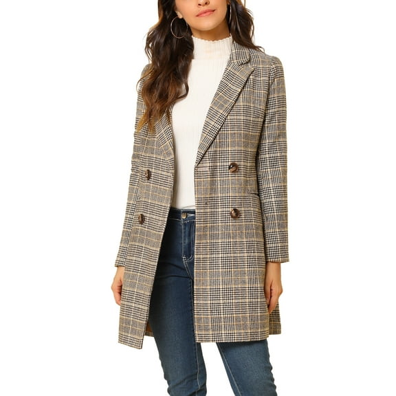 INSPIRE CHIC Women's Plaid Notched Lapel Long Sleeves Double Breasted Coat 3XL Brown