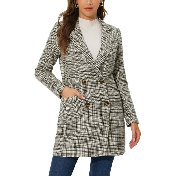INSPIRE CHIC Women's Plaid Notched Lapel Long Sleeves Double Breasted Coat M Beige